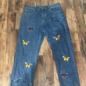 Blue straight jeans with press on butterflies plus size